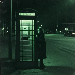 a scratched, textured, weathered, heavily damaged gum bichromate print of a faint, blurry photograph by Steve McCurry of a young woman in the distance at a phone booth in the middle of nowhere in the middle of the night, dark, moody green lighting