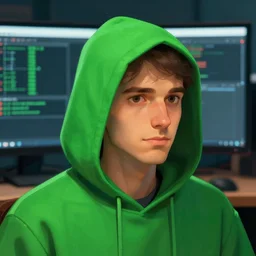 portrait of a programmer with green hood by greg rutkowski, digital