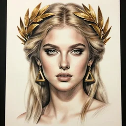 front view of beautiful super model aphrodite greek goddess wearing a gold laurel wreath and triangle earrings, realism tattoo sketch, beautiful piercing eyes with sharp pupils, beautiful blonde hair, in the style of greg rutkowski, fantasy, amazing detail, epic, elegant, smooth, sharp focus
