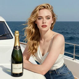 Elle Fanning on a yacht next to a bottle of champagne, extremely detailed masterpiece, illustration, by Michael Sowa,
