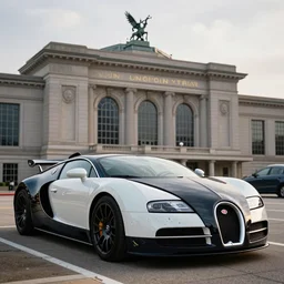 photograph of a wrecked bugatti veyron in front of union station in kansas city missouri, dramatic lighting, realistic, 8 k
