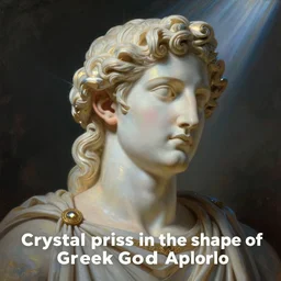“Crystal prism in the shape of Greek God Apollo, refraction, beam shining through”