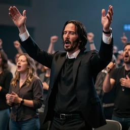 cinematic still of John Wick performing in a modern worship concert in John Wick (2009). modern worship singing. dynamic lighting. shallow depth of field, cinematic