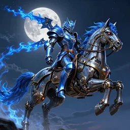 a full body shot of an azure knight riding a mechanical steampunk horse across the sky by Kentaro Miura, Wolf themed armour, moonlit, colored by Ronda Pattison, heavy armor, blue flame trail, dark colors, highly detailed, trending on artstation, CGsociety, exquisite detail, post-processing, masterpiece, volumetric lighting, cinematic, hypermaximalistic, high details, cinematic, 8k resolution, beautiful detailed, insanely intricate details