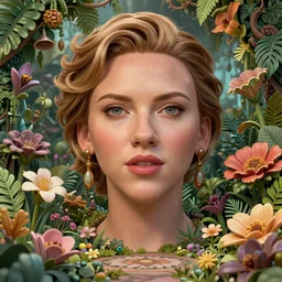 Beautiful  full-length 20mm mid-distance photograph of Scarlette Johansson  in an ornate, lush, exotic Flowerpunk garden, extreme detail, sharp focus, no Depth of Field, clean, clear, sharp, CG society, 3D sculpture, volumetric lighting, cinematic, perfect face, perfect eyes, photorealistic, photograph