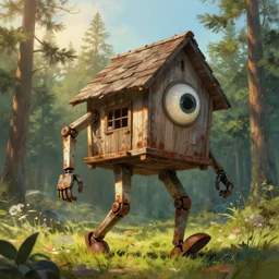 a walking mech wood house with two mechanical legs and one big eye, rust, hyperrealistic, highly detailed, cinematic, single ray of sun, morning, pareidolia, dynamic composition, gravity falls style, ghibli style, beautiful, pine trees in the background, cgssociety, artstation, 8 k, oil painting, digital art