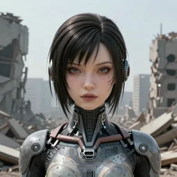 Ultrarealist aesthetic, detailed face illustration of a very beautiful dollpunk wearing Abstract tech bodysuit, in front of a ruined city, focus, realistic eyes, symmetric body features proportions, golden ratio, ultra intricate details, award winning, unreal render, by Tom Bagshaw
