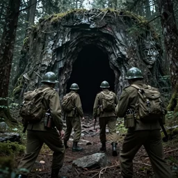 four wwii american soldiers in front of the dark portal to hell on a cliff rock in the middle of a forest, highly detailed, creepy cinematic light deep focus, horror, smooth, sharp focus, golden ratio, dramatic illumination, ultra realistic, 4 k, detailed line art by katsuhiro otomo and enki bilal