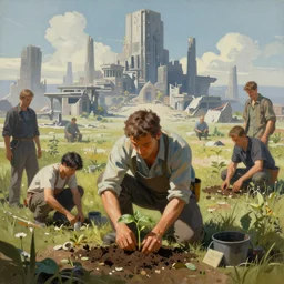 a mixed media portrait painting of a gardener planting a seedling, minimalist, by frank frazetta, greg rutkowski, beeple, yoko taro, christian macnevin, beeple, wlop and krenz cushart, epic fantasy character art, volumetric outdoor lighting, high fantasy, cgsociety, full length, exquisite detail, post - processing, masterpiece, cinematic, a ruined futuristic megalopolis sits in the distance