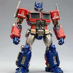 dynamic character portrait of optimal optimus from beast wars in robot mode, beast wars, chrome orange and blue color scheme, chromed metal, transformers, transformers beast wars