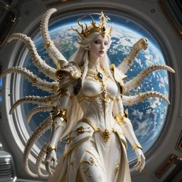 a photo of 8k ultra realistic lovecraftian ornate white and gold armour humanoid queen standing next to a spaceship window overlooking earth, 8 intricate tentacles, cinematic lighting, trending on artstation, 4k, hyperrealistic, focused, extreme details, unreal engine 5, cinematic, masterpiece