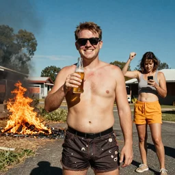 australian bogans wearing shorts, sunglasses, drinking beer, smirking with missing teeth, unfazed that the neighborhood is on fire, doing stupid things on social media, a beautiful retrowave artwork