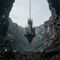 castle floating hanging chains single in the middle high mountains inside jewelry mine crater only darkness background, fireflies, clean sky, hight contrast, void, 8 k resolution, unreal engine 5, hyper - detailed, perspective view, 2 4 mm lens, by simon bisley, beeple, justin gerard
