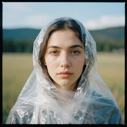 a color photograph, closeup portrait of a woman wrapped in plastic, in grand yellowstone national park in wyoming, color photograph, by vincent desiderio, canon eos c 3 0 0, ƒ 1. 8, 3 5 mm, 8 k, medium - format print