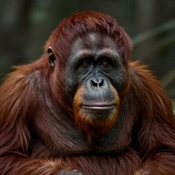 an award winning matte painting portrait of an orangutan, in the style of algernon blackwood, highly detailed digital art, ornately detailed, muted color, rembrandt lighting, photorealistic