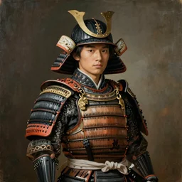 portrait of young marlon brandon in japanese samurai warrior armoury, painted by jan van eyck