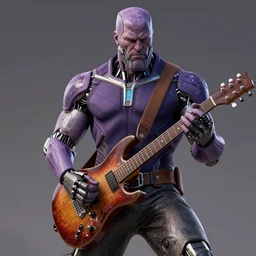 thanos playing guitar hero in the metaverse, detailed render, epic composition, cybernetics, 4 k realistic, cryengine, realistic shaded lighting, sharp focus, masterpiece, by enki bilal
