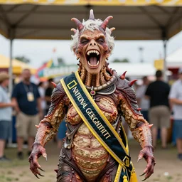an elderly woman screaming, exhibiting a prize winning demogorgon, state fair, winner, sash, bold natural colors, national geographic photography, masterpiece, 8 k, raw, unedited, symmetrical balance