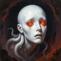 painting by greg rutkowski of a flying sorrowful looking human head with tears running down it's eyes, face that is chalk white in color, with long white tentacles stemming from it's neck, fiery scorching red eyes, flying in a terrying hellish dark cavernous place