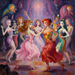 a phantasmagorical painting of a dance party, by alex grey, lisa frank, josan gonzalez, chibi, artstation