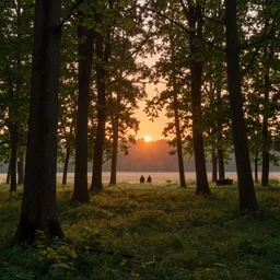 forest with park, sunrise, orange glow, by greg rutkowsky and ivan shishkin,