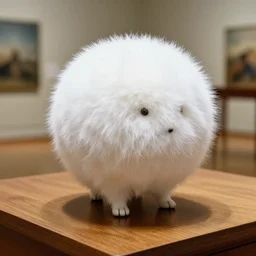 a perfect white snowy frosty hairy fur sphere, standing on the wooden desk, kodak, grain, ultrarealistic photo, museum photo
