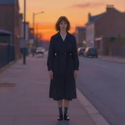 portrait of a woman standing in an empty street by bernie wrightson, sunset colors