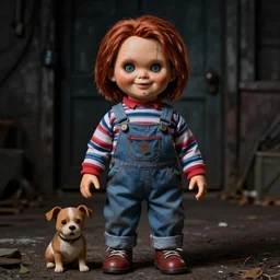 chucky the killer doll, as a dog, full body, in good guy overalls,horror, very realistic, realism, extra detail, 4k,background dark mysterious