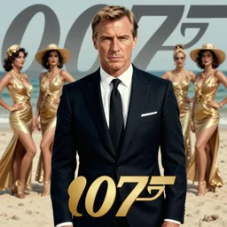 poster of ( james bond ) 0 0 7 portrait, ( james bond ) in a suit at the beach, female dancers in background, highly detailed, trending on artstation, cinematic lighting, by tom whalen!!, by alphonse mucha