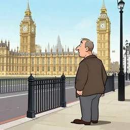 a middle aged man explores london, cartoon