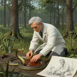snake oil researcher digging through the dense swamps of Formosa, painting by René Magritte, 3D render by Beeple, sketch by R. Crumb