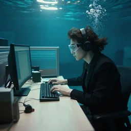photo of someone working at an office desk, underwater, cinematic