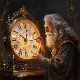 a wizard building a clock using magic
