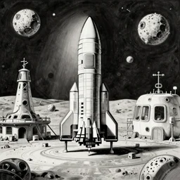 cargo spaceship on the moon base drawing in comix style