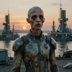 unsettling rubbery mutant with thin lips and suspicious expression, wearing science fiction ss uniform by science fiction docks at sunset, by alphonse mucha, deak ferrand, simon stalenhag, and greg rutkowski