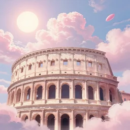 heaven pink, punk, punk rock, lots of roman arches, sun, joy, clouds, sky, volumetric light, detailed, romanticism, pastel drawing, big size