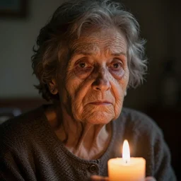 a close up portrait of one lonely old underweight lady frozen, full colour, hyper realistic photo, candle light, chiaroscuro, shallow depth of field, upscale, 8 k, masterpiece,