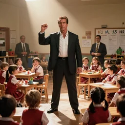 movie scene of arnold schwarzenegger guarding a kindergarten.
