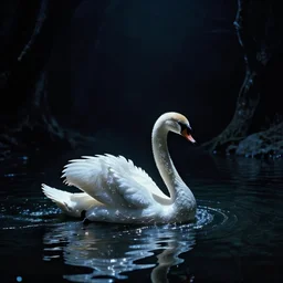 dark eerie movie frame, greek fantasy panorama, elegant shining swan in the magic shining river styx, at night, otherworldly, shadow, chrome, stanley kubrick, 1 7 mm, wide shot, surreal, deep