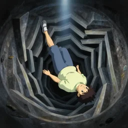 anime studio ghibli human falling into portal abyss mc escher tessellation zeiss lens algorithm code masterpiece stage lighting painting by tokio aoyama high contrast 8 k realistic paint texture