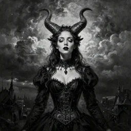 By Tom Bagshaw, ultra realist soft painting of curiosities carnival by night, eyes shut very beautiful horn single female gothic wearing corset , symmetry accurate features, very intricate details, omnious sky, black and white, volumetric light clouds