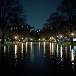 night city park drowned in water with lots of lights at night, trending on artstation