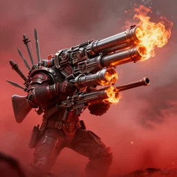 movie still frame, hunter from hell, big flaming guns and many weapons and blades, red fog, intricate details, beautiful composition, hd, 8 k, cgi, by ridley scott, james cameron, zack snyder and michael bay