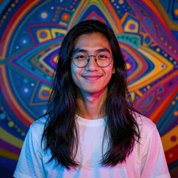 colorful and Festive Captivating young man with long straight black hair, round glasses, white t-shirt, smiling, innocent look. rich vivid colors, ambient lighting, dynamic lighting, 4k, atmospheric lighting, painted, intricate, highly detailed by Charlie Bowater