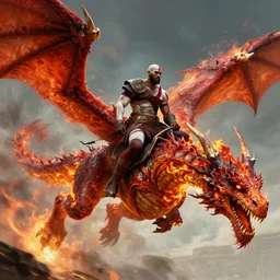 a detailed rendition of kratos as lebron james riding a gigantic fire breathing dragon, art by beeple