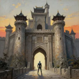 lone superhero in a highly detailed cinematic castle entrance in an ancient chinese landscape by feng zhu, wayne barlowe, perfect geometry, hyper - detailed, sharp, beautiful, desaturated, beautiful lighting, oil on canvas, sunset
