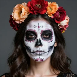 a photorealistic portrait of a woman with a skull face paint and headband of flowers