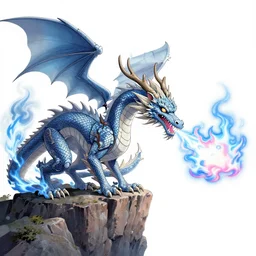 a fire breathing dragon on a cliff breathing blue white and pink flames, highly detailed, anime, studio ghibli, vector line art, clean cel shaded vector art, fantasy art, by rossdraws, lois van baarle, ilya kuvshinov, art germ, makoto shinkai, ross tron, sandara tang