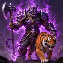 enraged orc king in spiky armor with a purple fiery aura!!!!!!, wearing a dragon mask, holding a poisonous axe, tiger mount, trending on artstation, sharp focus, highly detailed, digital fantasy art