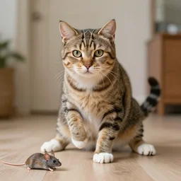 cat doing t pose to intimidate mouse
